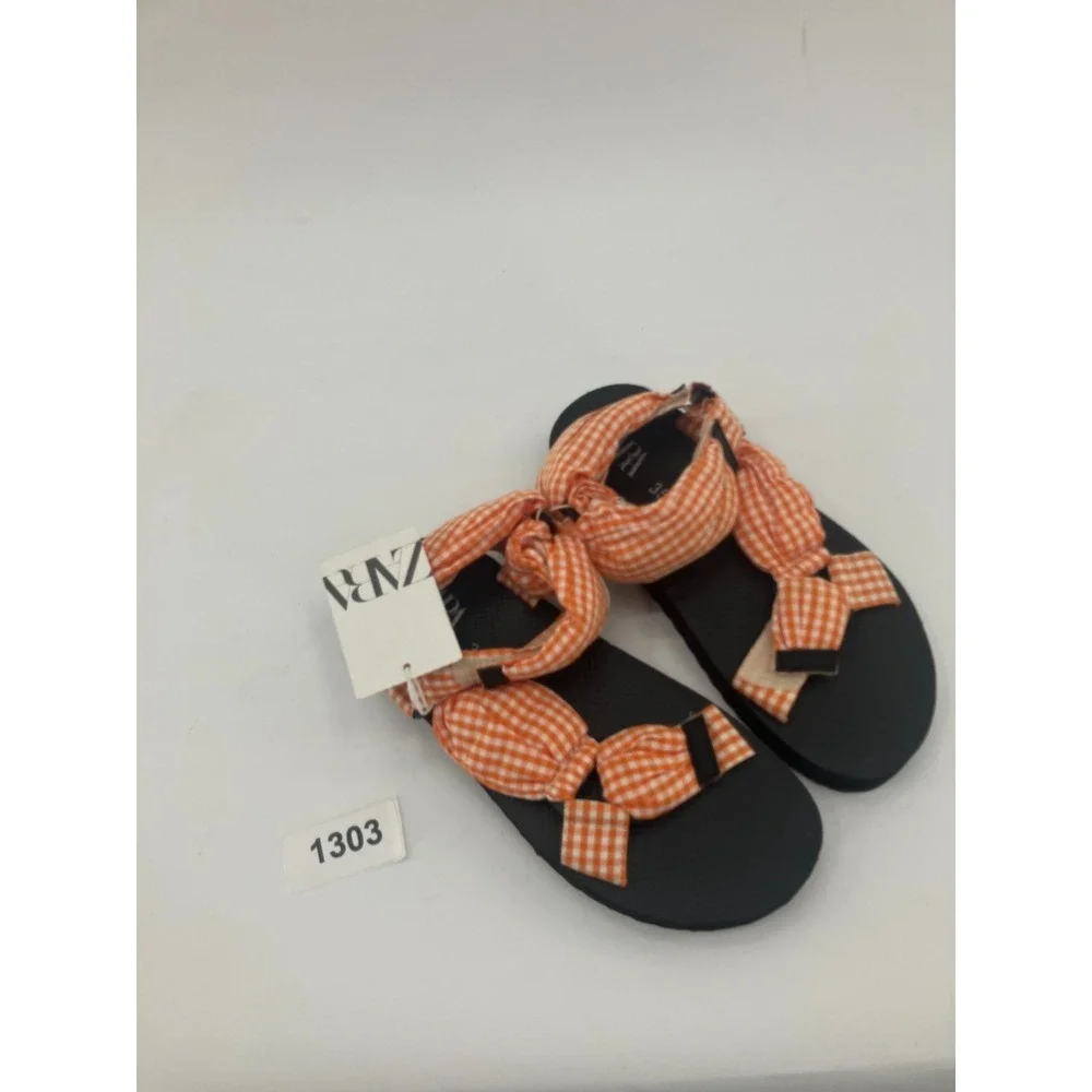 Zara‎ Sandals Girls US 3.5 Orange Checkered Gingham Open Toe Platform Strappy